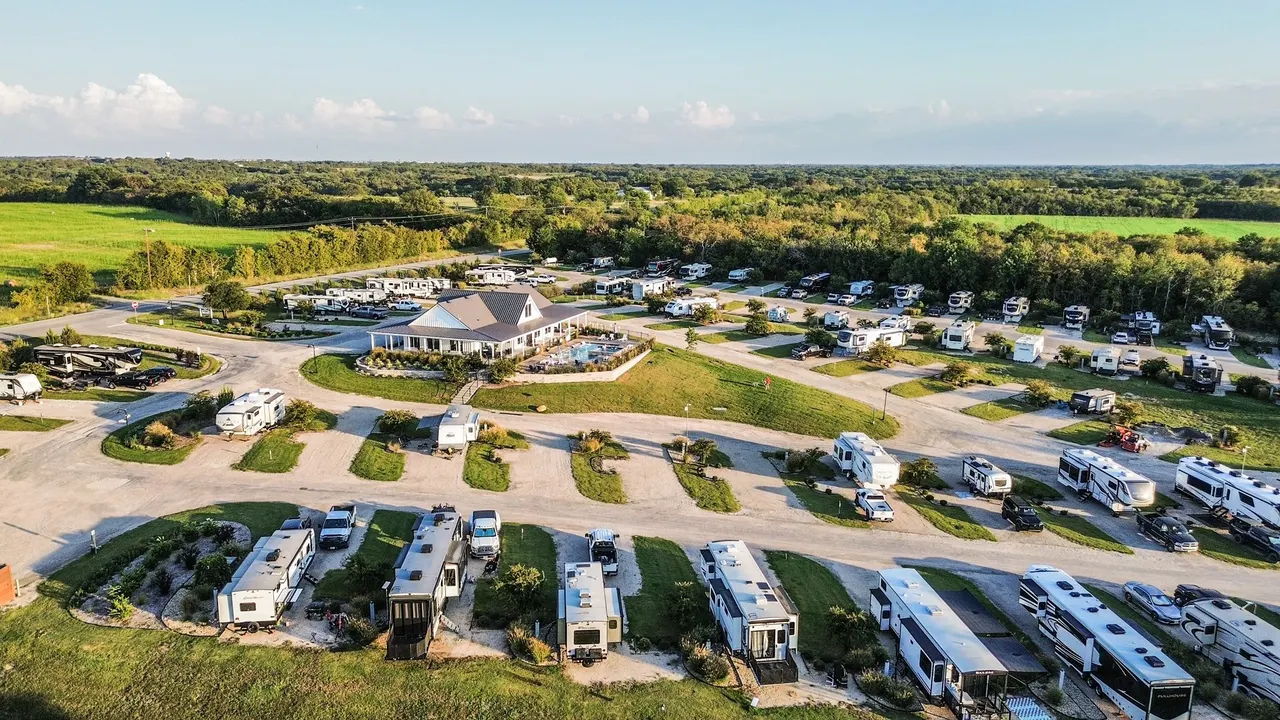 Aerial view of Sugar Hill RV Resort — 78 landscaped sites on 23 acres in Anna, Texas